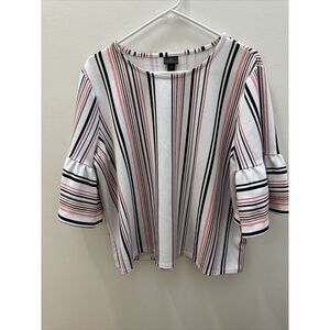 worthington top womens XL White,pink ,Striped Tunic With Flared 3/4 Sleeves